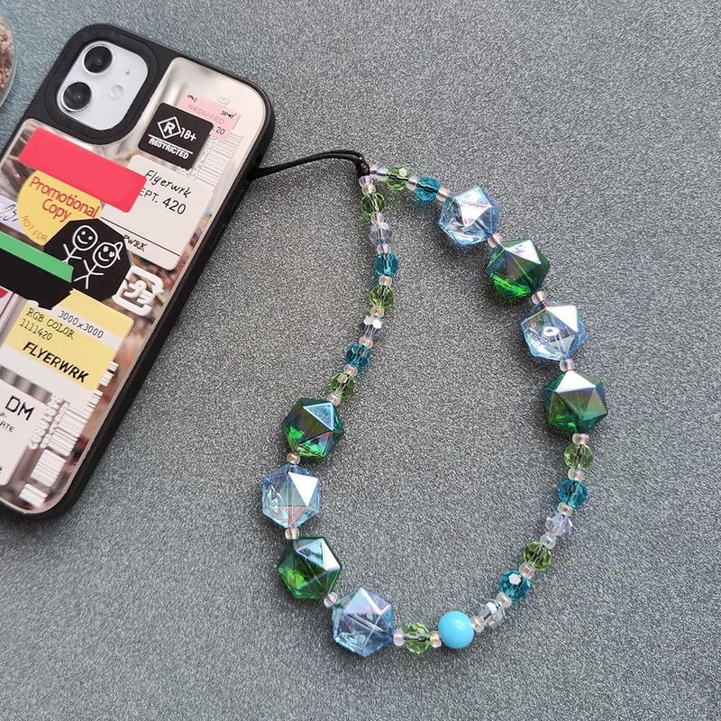 WCCH Beaded Phone Charm Y2K Kawaii Handmade Acrylic Phone Lanyard Wrist Strap for Camera Bag Airpods Keychain Charm Blue Green Hexagonal Crystal Beads - Image 2